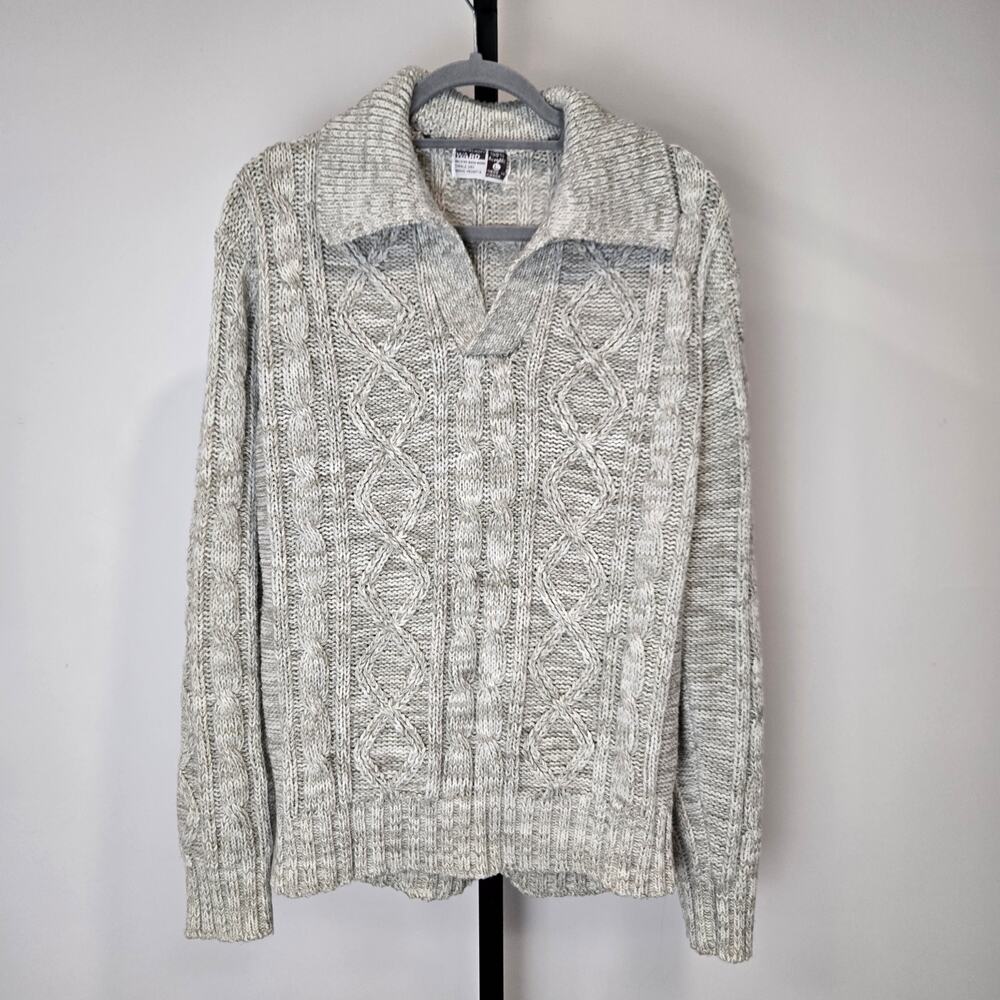 Vintage Montgomery Ward Chunky Cable Knit Polo Sweater Pullover Gray Fisherman L